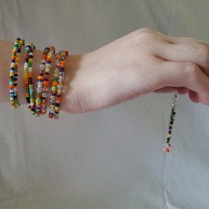 Handmade Rainbow Colored Seed Bead Coil Bracelet and Earring Set/New